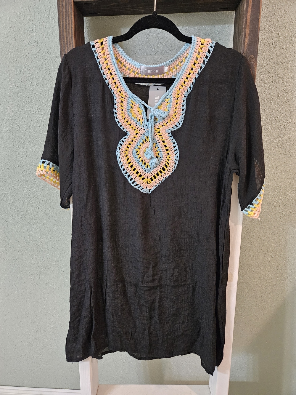 Oversized Black Crochet Trim Swim Cover Up Tunic Dress Size Small